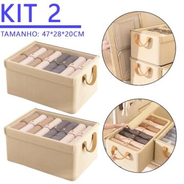 Imagem de Caixa Organizadora Dobrável Premium para Roupas – Organizador de Guarda-Roupa com Tampa Anti Poeira Empilhável(KIT 2UN【Cáqui】)