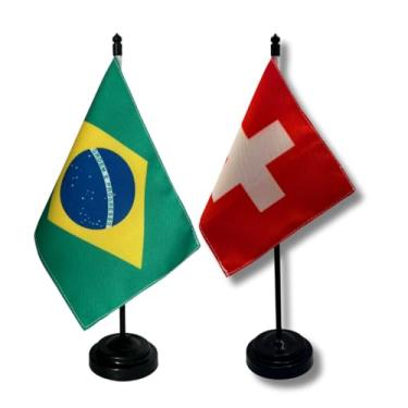Imagem de Kit Bandeira de Mesa Brasil e Suíça, Dupla Face, 19x13cm, Base Preta, 26cm Altura, Tecido Oxford, Decorativa para Escritório e Eventos