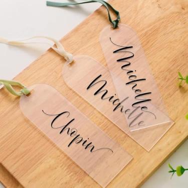 Imagem de Placas de mesa de acrílico transparente - com corda e orifício reservado para cartões de lugar, etiquetas decorativas de nome de casamento, etiquetas de bagagem, marcadores de preço de presente (10