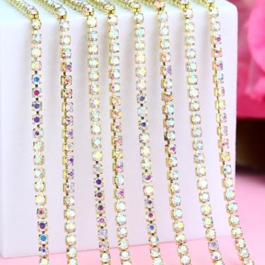 Imagem de Acabamento de corrente de strass de cristal de 2 mm para artesanato de costura, SS6 corrente de strass de garra para bricolage, joias, decoração de buquê de festa de casamento (5 metros, ouro AB)