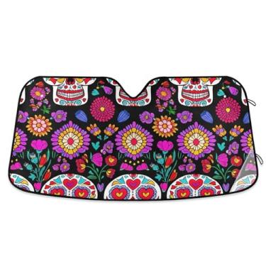 Imagem de Colorido Sugar Skull Flower Black Car Sun Shade Para-brisa Engraçado Universal Retrátil Capa de Para-brisa Automotivo Protetor Solar Floral M, 139.7 cm x 70.1 cm