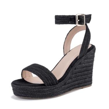 Imagem de VICKI·VICKI Sandálias femininas de alpargatas com salto plataforma plataforma e tira no tornozelo elegantes verão preto tamanho 7, Preto e barbante, 36