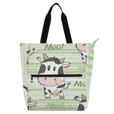 Imagem de GAIGEO Bolsa de trabalho feminina verde vaca fofa de desenho animado bolsa escolar bolsa de professores com compartimentos