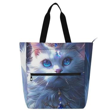 Imagem de GAIGEO Bolsa de trabalho feminina coroa de gato branco queen bolsa de lona para livros de praia com zíper reutilizável presente para amantes de livros