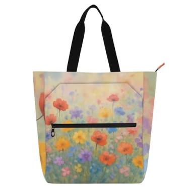 Imagem de Bolsa de trabalho colorida de flores silvestres para mulheres, bolsa escolar de lona com zíper, bolsas para professores, presente para amantes de livros