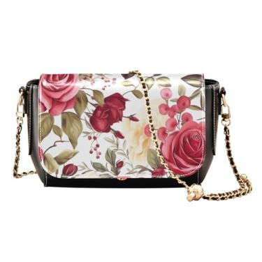 Imagem de Bolsa transversal feminina de couro floral com rosas vermelhas, bolsas transversais de couro para mulheres, alça transversal de corrente dourada, Floral com rosas vermelhas - 3, One Size