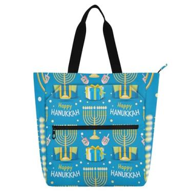 Imagem de GAIGEO Happy Hanukkah Bolsa de trabalho azul para mulheres tote lona praia livro bolsa zíper carteiro bolsas amantes de livros