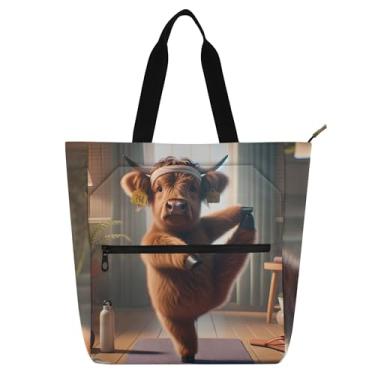 Imagem de GAIGEO Bolsa de mão engraçada Highland Cow Yoga com estampa animal para crianças, mulheres, escola, trabalho, viagem, livro, amantes, bolsa com zíper