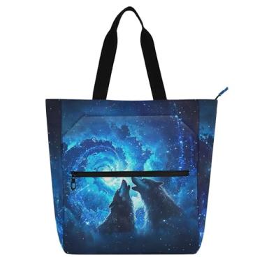 Imagem de GAIGEO Bolsa feminina Wolves Howling Moon Space Work Tote de lona escolar bolsa carteiro bolsa carteiro com compartimentos