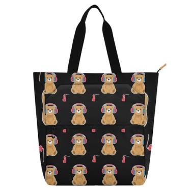 Imagem de Ursinho de pelúcia vermelho bolsa preta bolsa de trabalho feminina bolsa escolar de lona com zíper bolsas para uso diário amantes de livros presentes