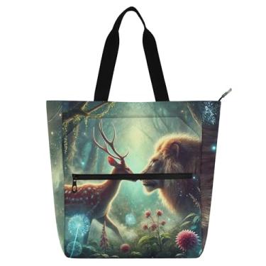 Imagem de GAIGEO Bolsa feminina com estampa floral de veado leão para trabalho, escola, com zíper, presente de viagem para amantes de livros
