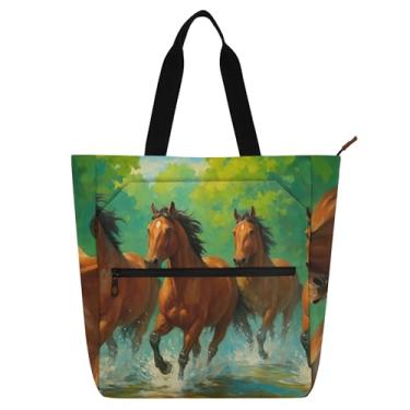 Imagem de Bolsa de trabalho feminina marrom cavalos de lona com zíper bolsa de praia para crianças bolsas fofas presente para amantes de livros