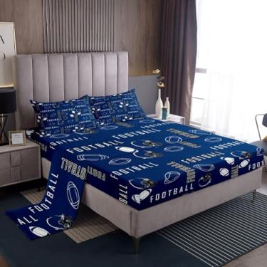 Imagem de jejeloiu Jogo de lençol solteiro de futebol americano Indianapolis para decoração de quarto de meninos e meninas adolescentes com bolsos profundos de 40 cm, azul e branco macio feminino e masculino
