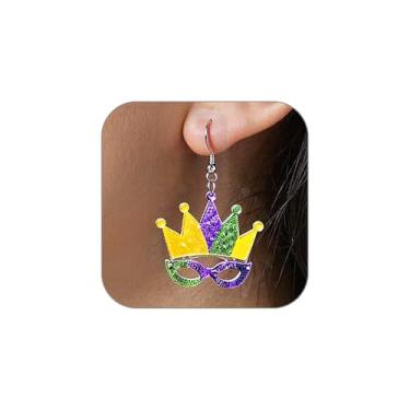 Imagem de Brincos pendentes de carnaval para mulheres com coroa de glitter colorido chapéu de bobo da corte máscara brincos de borla joias de carnaval para mulheres brincos de máscara de carnaval acessórios