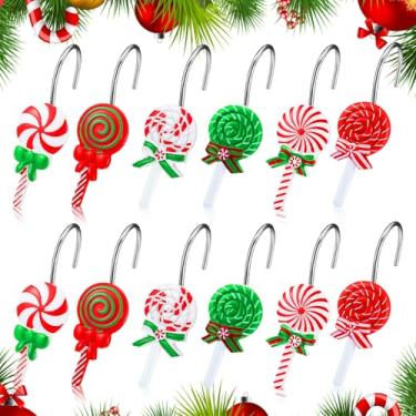 Imagem de Threehoney 12 ganchos de cortina de chuveiro de Natal, 6 estilos, ganchos à prova de ferrugem e doces de Natal, vermelho, branco, espiral, pirulito, anéis de cortina decorativos de Natal para banheiro