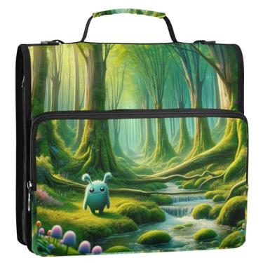 Imagem de Organizador de fichário com zíper grande, 3,8 cm, 3 anéis, anel D, verde, monstro, floresta, portfólio e estojo, suporte para pasta de anéis, bolsa de fichário com alça para escola
