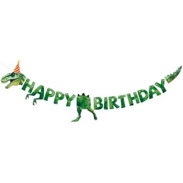 Imagem de Faixa de Aniversário Dinossauro, Sem Roupa Faixa Dinossauro Trex Aquarela Decoração Festa Aniversário para Crianças Meninos Meninas Tema de Animais (Verde)