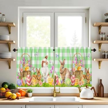 Imagem de XYTIDUKEJI Conjunto de 2 peças de cortinas de cozinha de Páscoa, coelhinho da primavera, xadrez, búfalo, verde, 61 cm, bolso para varão, para sala de estar, banheiro, pia, decoração de férias