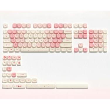 Imagem de dagaladoo Lindo conjunto de teclas PBT, flor de cerejeira rosa, teclas de perfil MOA 60 75 100 por cento, teclado personalizado Dye-Sub 133 teclas para teclado mecânico TKL US Layout (apenas teclas)