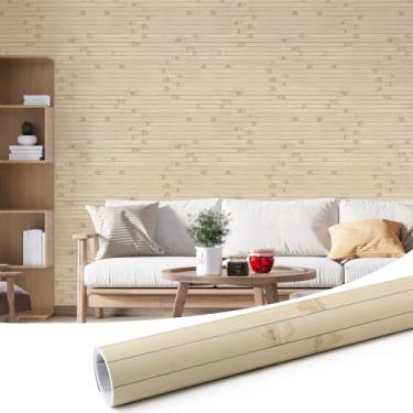 Imagem de Yun-aeon Papel de parede listrado de bambu texturizado de madeira sintética 43 x 300 cm, papel de parede removível autoadesivo para quarto, sala de estar, natural