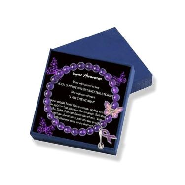 Imagem de Gowvvxu Pulseira de conscientização de lúpus, pulseira de contas de ametista roxa com colher de fita roxa e borboleta, presente inspirador para pacientes com lúpus, presentes de apoio à