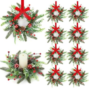 Imagem de 8 peças de anéis de vela de Natal, guirlandas, guirlandas artificiais, pinheiro, cedro, baga vermelha, grinaldas, mini bolas de Natal, guirlanda para decoração de Natal, inverno, porta da frente e