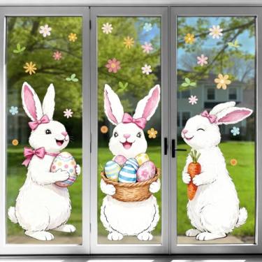 Imagem de Adesivos de janela de coelhinho da páscoa - 89 cm tamanho grande Coelhinho da Páscoa de dupla face decorações decoração estática removível com laços rosa, decoração de casa de férias interna de Páscoa