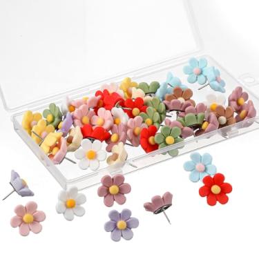 Imagem de 50 pinos de pressão de flores, pinos fofos, alfinetes florais de cores aleatórias, broche decorativo para quadro de cortiça de avisos e mapas de parede, tachas de polegar para escritório, casa e