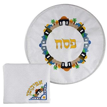 Imagem de Zion Judaica Passover Seder bordado Matzo Cover Set - Jerusalem Brocado Design 40.6 cm Round Matzah Holder com 3 Compartimentos Serve para 3 Matzos - 26,7 x 21,6 cm Afikomen Bag Pesach Decorações de