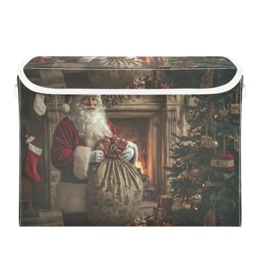 Imagem de SEHANY Linda caixa de armazenamento de Papai Noel de Natal com tampas e alças, organizador de cestas de armazenamento de tecido dobrável, caixas de armazenamento de cubos grandes para roupas, cobertor