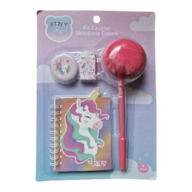 Imagem de Kit Escolar Unicórnio e Panda Fofy 4 Peças com Caneta Pompom Cor:Unicó