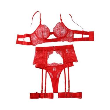 Imagem de Conjunto De Lingerie Com Bordado De Flor Preta 4 Peças Sutiã De Malha 