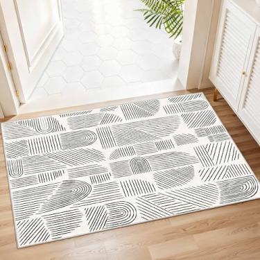 Imagem de MUJOO Tapete lavável 5,5 x 7,5 cm, moderno, abstrato, antiderrapante, com pelo baixo, tapete branco e preto para entrada, banheiro, cozinha, quarto