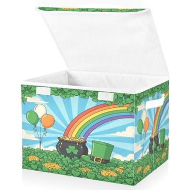 Imagem de Bolaz Chapéu de duende de Dia de São Patrício, caixotes de armazenamento de moedas com tampas e alças, caixa de armazenamento dobrável, cesta de armazenamento com capa, recipientes organizadores