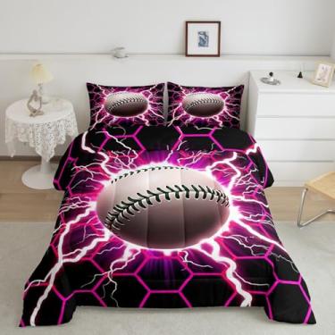 Imagem de Manfei Conjunto de edredom solteiro de beisebol com colmeia para todas as estações, rosa neon geométrico, decoração de quarto de adolescentes, jogo de bola, esportivo, edredom interno com 1 fronha