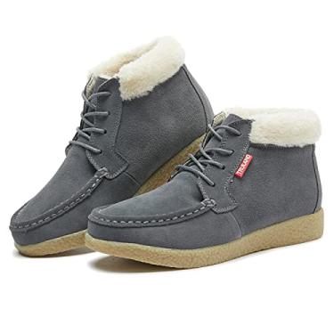 Imagem de TRULAND Botas de inverno femininas – Botas de camurça forradas com pele resistente à água, Cinza + pele, 9