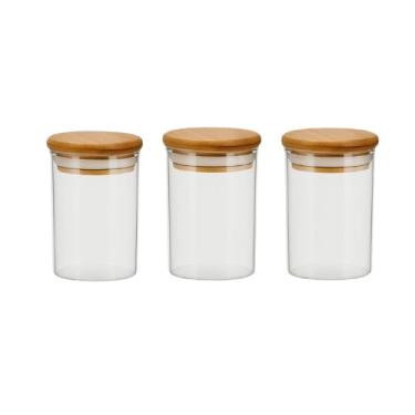 Imagem de Conjunto de Potes de Vidro 250ml Herméticos com Tampa de Bambu para Temperos, Mantimentos e Organização de Cozinha, Vedação Segura e Armazenamento Prático (3 POTE)