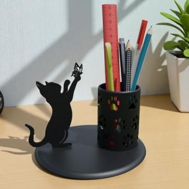 Imagem de Organizador de Mesa Formato Gato Fofo - Porta-Caneta e Lápis Personalizado para Home Office, Escritório e Ambientes Domésticos (PRETO)