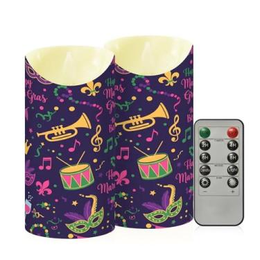 Imagem de Wassud Pacote com 2 velas sem chama Happy Mardi Gras Party com controle remoto, velas realistas cintilantes com temporizador, velas decorativas para Natal, casamento, festa, decoração de casa, médio