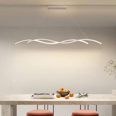 Imagem de Luminária pendente LED moderna em formato de onda para sala de jantar, com intensidade de cor ajustável de 3000K a 6000K, controle remoto e altura regulável, ideal para escritório e bar (Bra