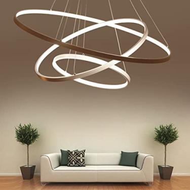 Imagem de Lustre LED redondo com três anéis, design moderno, para mesa de jantar, sala de estar, luminária pendente com intensidade ajustável e controle remoto (marrom, 20+40+60cm)