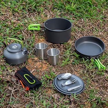 Imagem de Conjunto de Panelas para Camping Leve Portátil Panela Chaleira Xícaras Colher Cortador Alimentos Grau Alimentar Plegável Piquenique Caminhada Refeição