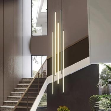 Imagem de Luminária pendente LED moderna para escada, lustre longo giratório com 12 lâmpadas, dimerizável, em alumínio, ajustável, para teto oco de villa, ideal para sala de estar, hotel e corredor (l