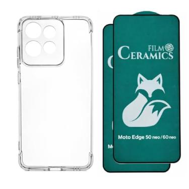 Imagem de Compátivel com Moto Edge 60 Neo - 1 Capa Capinha Anti Impacto Shock + 2 Películas de Ceramica 9d, silicone transparente clear com bordas reforçadas e flexível com efeito cristal