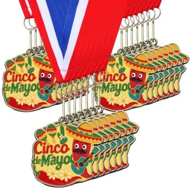 Imagem de Cunno 20 medalhas Cinco de Mayo 5 cm ouro metal mexicano Fiesta Awards com fita para lembrancinhas de festa de aniversário mexicanas Luau adereços para fotos de carnaval escolar suprimentos para