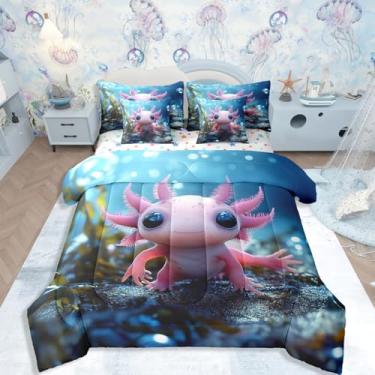 Imagem de Erosebridal Conjunto de cama Axolotl com desenho animado de 7 peças, Axolote 3D natural, decoração de princesa, rosa, para quarto, cama em uma bolsa, kawaii, salamandra, conjunto de cama queen para