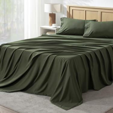 Imagem de Andency Conjunto de Lençóis de Cama Queen 4 Peças, Microfibra Macia e Respirável, Verde Oliva Escuro, Com 2 Fronhas, 1 Lençol de Cima e 1 Lençol com Elástico
