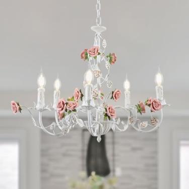 Imagem de Lustre vintage com flores, luminária de teto pendente em metal branco com rosa de cerâmica rosa, lustre estilo francês campestre com soquete E14 para velas, ideal para quarto, sala de estar,