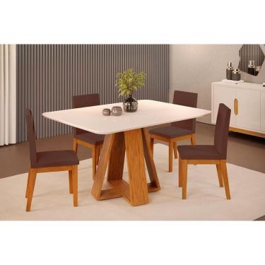 Imagem de Conjunto: Mesa Sala Jantar Celeste c/ Tampo Madeirado c/ Vidro Curvo 120x90cm e 4 Cadeiras Suzy Freijo/Off White - Suede Moca - DJ Móveis