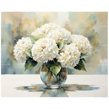Imagem de Kit de pintura de buquê floral por números para adultos – Hortênsias brancas DIY em vaso de vidro pintura em tela 30 x 40 cm, conjunto de tinta acrílica emoldurada, adequado para iniciantes, decoração
